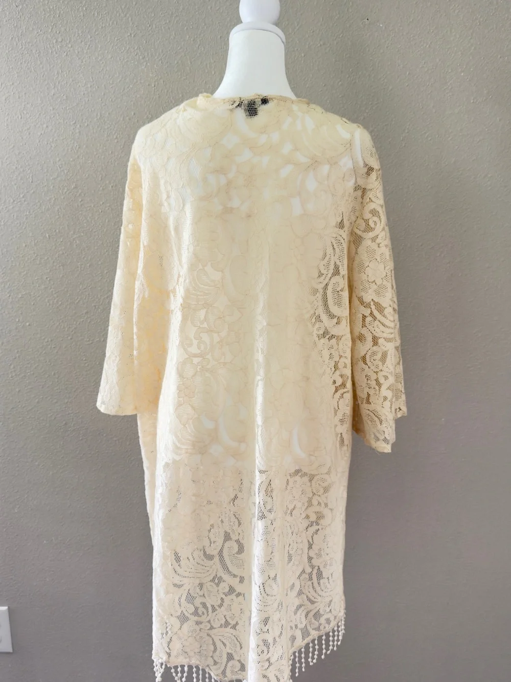 Espresso Cream Floral Lace Kimono Robe with Beaded Fringe
